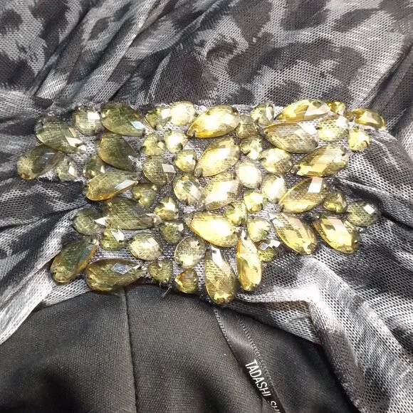 TADASHI SHOJI Evening Dress, XL, Grey Animal Print, Jeweled One Shoulder, Ruched - Picture 11 of 15